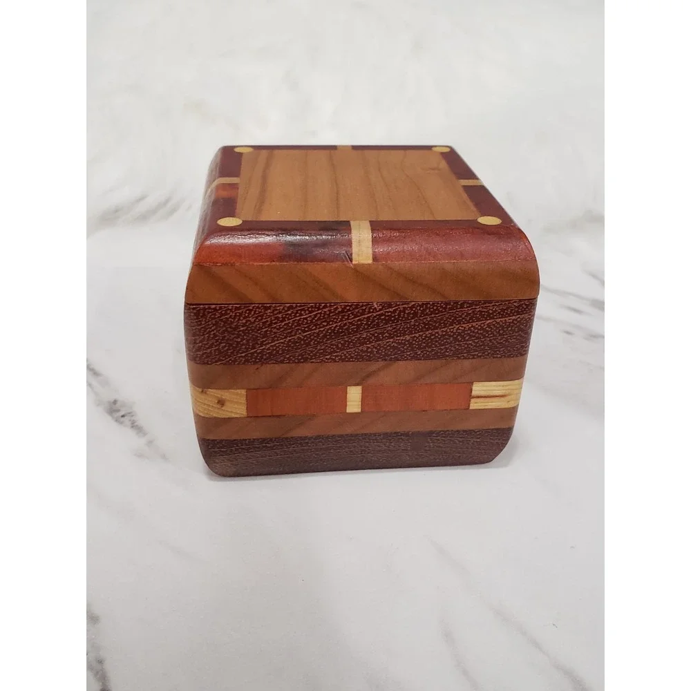 Trinket Storage box inlaid wood SWING OPEN LID MCM Vintage Pill Box Vanity
